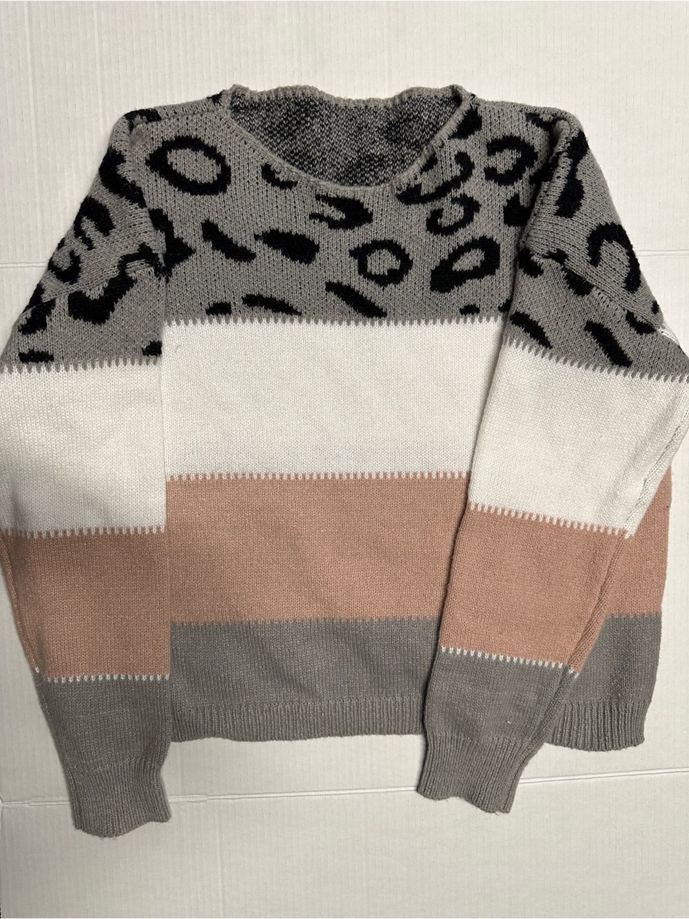 Leopard Yoke Colorblock Crewneck Sweater - Gray, White & Pink